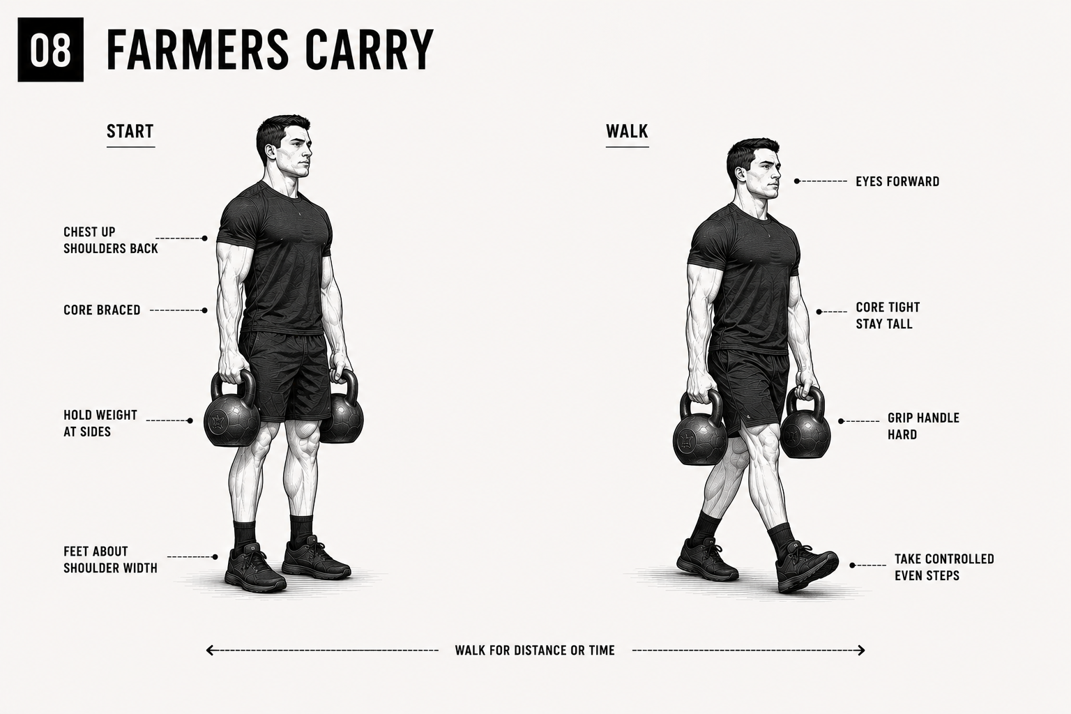 Farmer carry start and walk position standards diagram for The Standard