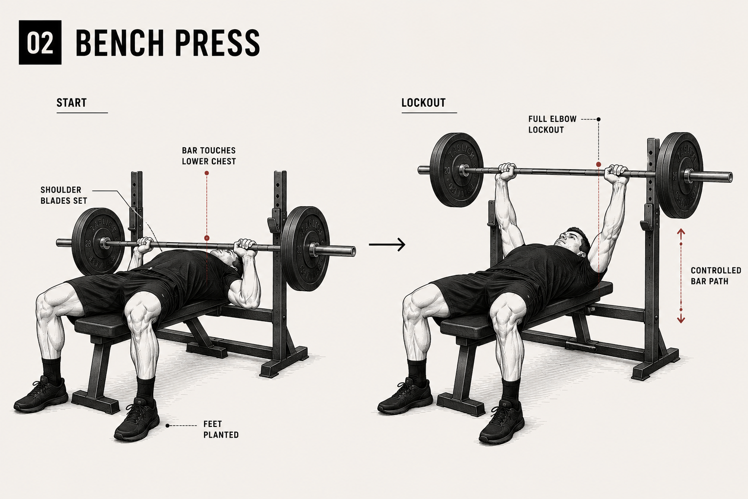 Bench press start and lockout standards diagram for The Standard