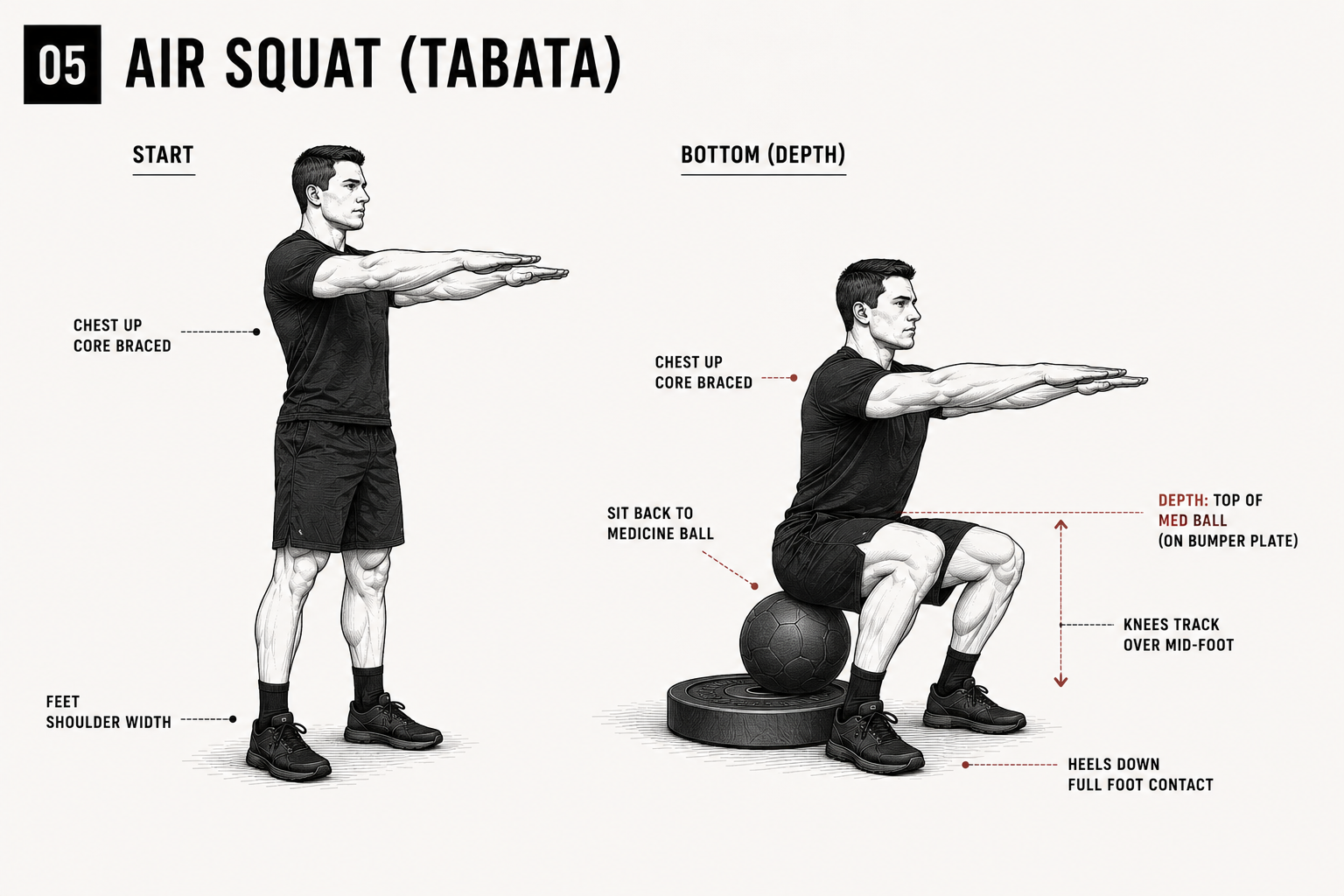 Air squat tabata start and bottom position standards diagram for The Standard