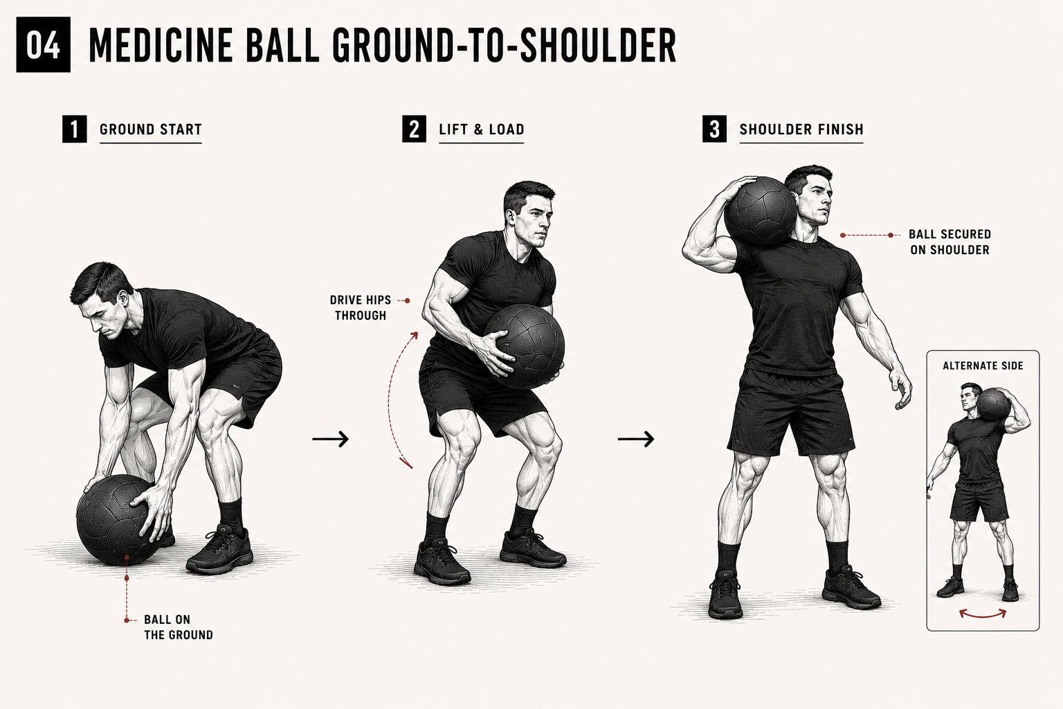 Medicine ball ground-to-shoulder movement standards diagram for The Standard